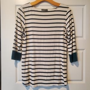 Small 3/4 Sleeve Black & White Striped Colette Top, with Green Sleeve Cuffs